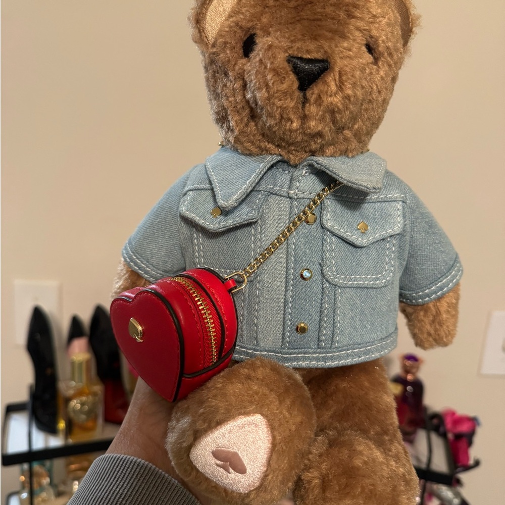 KATE SPADE Teddy Bear with Denim Jacket and Red Heart Bag